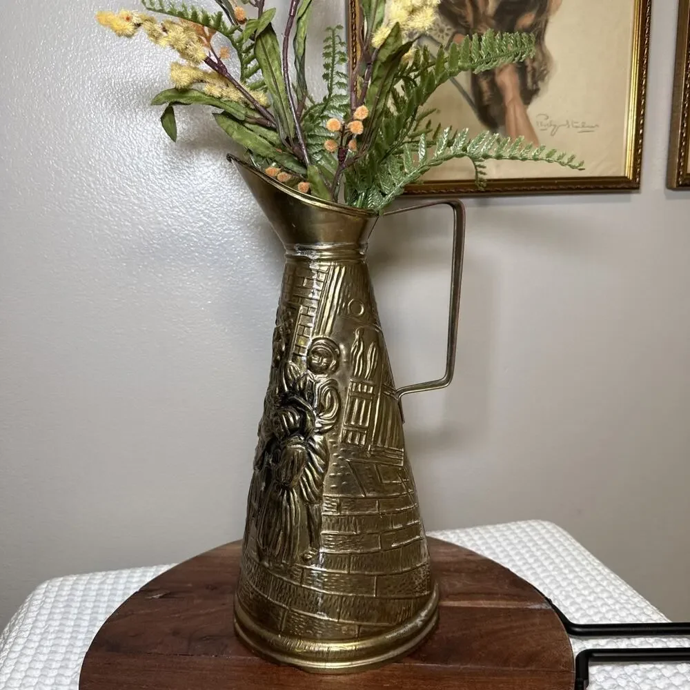 Vtg English Brass Plated Figural Pitcher Ewer 13” Hollywood Regency Vase Decor